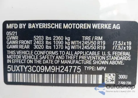 2021 BMW X3 Sdrive30I z USA, uszkodzony, nr VIN 5UXTY3C09M9H24775
